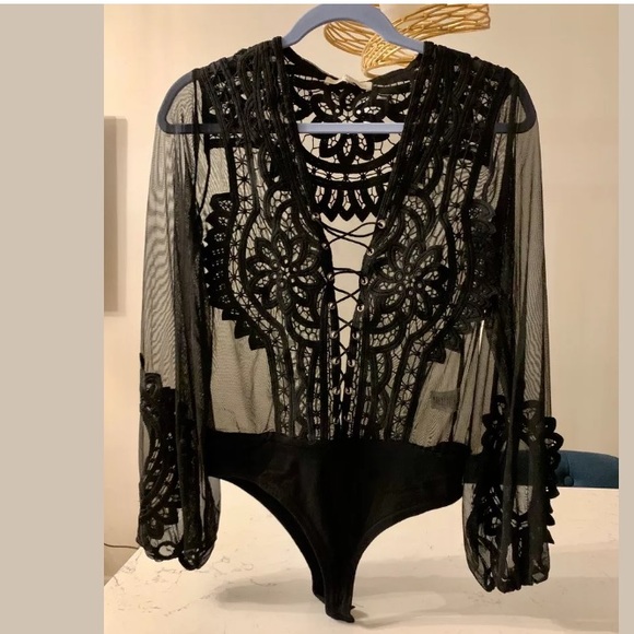 Sheer Lace Mesh Patchwork Bodysuit